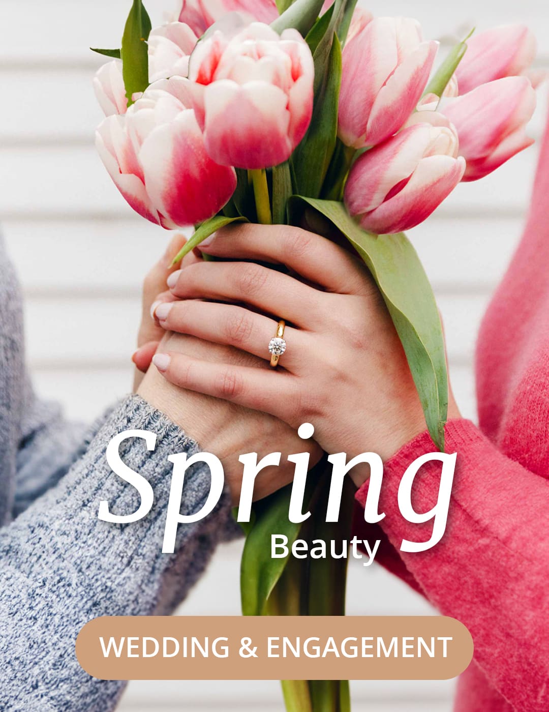 2024_Spring_Mobile_Slider Couple holding tulip bouquet highlighting diamond ring engagement